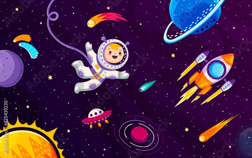 Kid astronaut in outer space, rocketship and cartoon starry galaxy landscape, vector background. Boy spaceman adventure in galaxy fantasy with alien UFO and rocket shuttle or galactic spacecraft