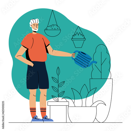 Senior man holding watering can, standing near plants and watering it. Grandparent does household chores. Flat vector illustration in blue and orange color in cartoon style