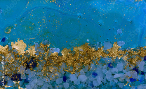 Fototapeta Naklejka Na Ścianę i Meble -  Abstract Blue Sea Art with Stones, Gold Sand and Acrylic Paint