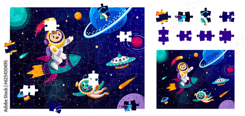 Cartoon alien, astronaut and space planets in jigsaw puzzle game, vector kids worksheet. Jigsaw puzzle to match and fit correct suitable pieces of picture with boy spaceman on rocket and UFO in galaxy