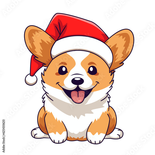 Vector New Year illustration. Cute corgi dog in Santa Claus hat. Christmas illustration in kawaii style . Vector illustration