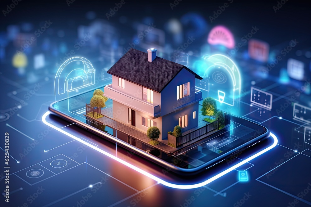 Fototapeta premium The security concept of smart homes, intelligent houses, and home automation apps is about ensuring the safety and protection of these technological advancements. This includes the security of the
