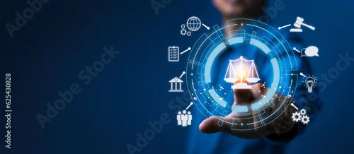 Obraz Law concept, Labor Law, lawyer, Legal advice for business, legal rights button on virtual touchscreen interface,  Attorney at law business Legal Lawyer Internet Technology. blue screen