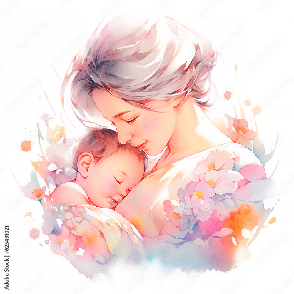 Watercolor Beautiful Silhouette Mother Holding a Baby in Hand Happy Mother's Day Watercolor Beautiful Silhouette Mother Holding a Baby in Hand Happy Mother's Day