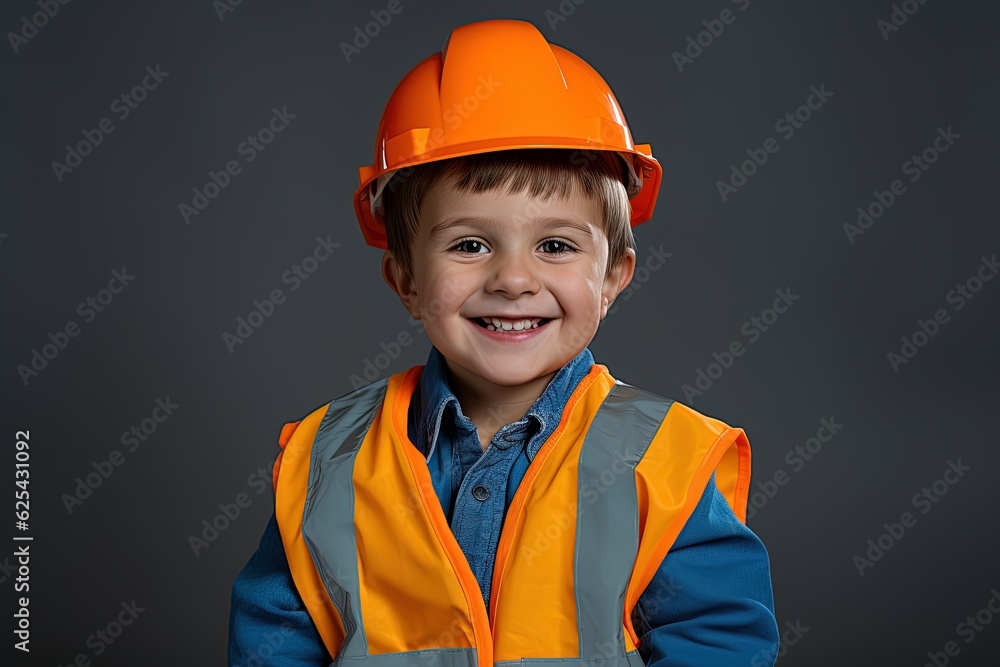 Portrait of a cute little boy in a construction helmet.Generative Ai