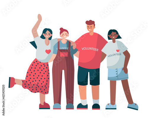 Smiling team standing together. Support volunteer movement. Happy volunteers working together. Activists are invited to join charity. Flat vector illustration in cartoon style