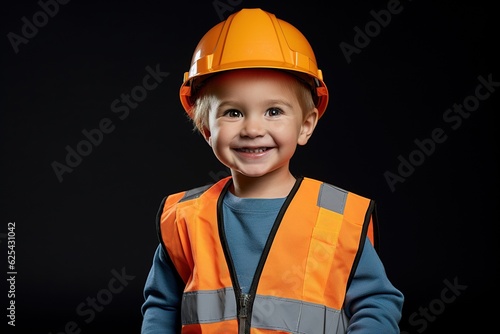 Portrait of a cute little boy in a construction helmet.Generative Ai