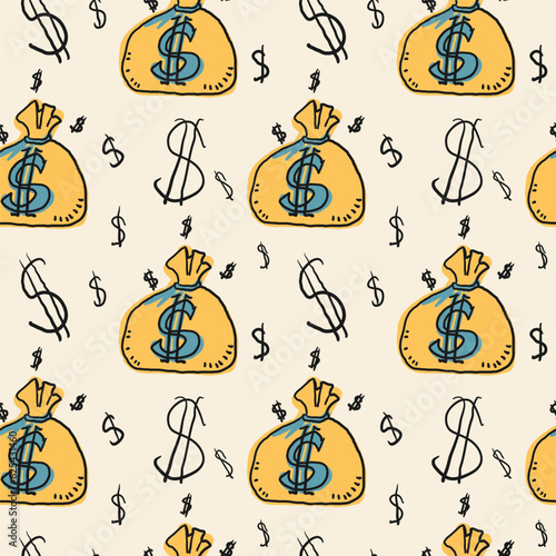 Bag of money seamless pattern. Vector illustration. Home decor, Textile design, Wrapping paper, Stationery, Scrapbooking, Digital wallpapers, Website backgrounds.