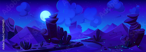 Night desert landscape with river, sandy dunes and cacti on banks. Vector cartoon illustration of natural background with rocky stones, neon green fireflies glowing in darkness, full moon in sky