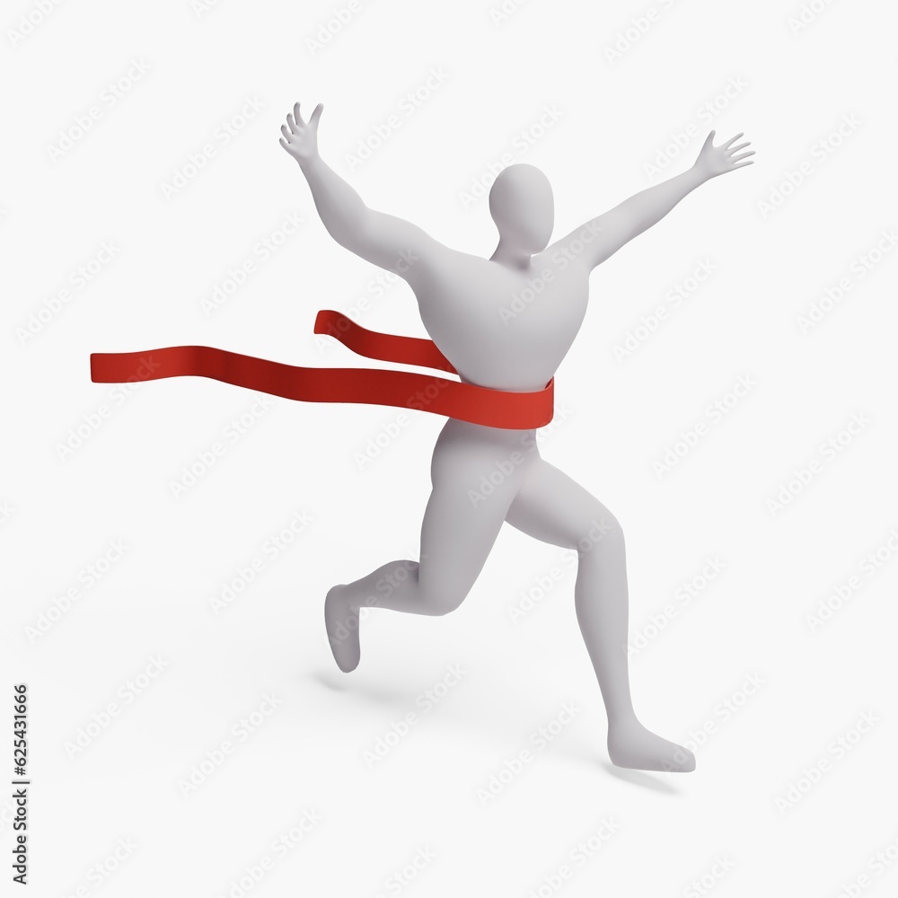 3d render of man crossing the finish line ribbon raising both hands up. 3d render of man crossing the finish line ribbon raising both hands up.