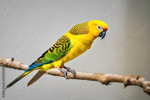 Yellow bird on a Branch Against a grey Background