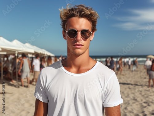 Closeup of attractive young man in white t-shirt standing a on the beach. Generative ai
