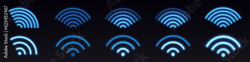 Neon icons of wifi signal. Circle symbol of sound wave, wireless internet or radio. Abstract sign of digital sonic technology, vector set isolated on transparent background