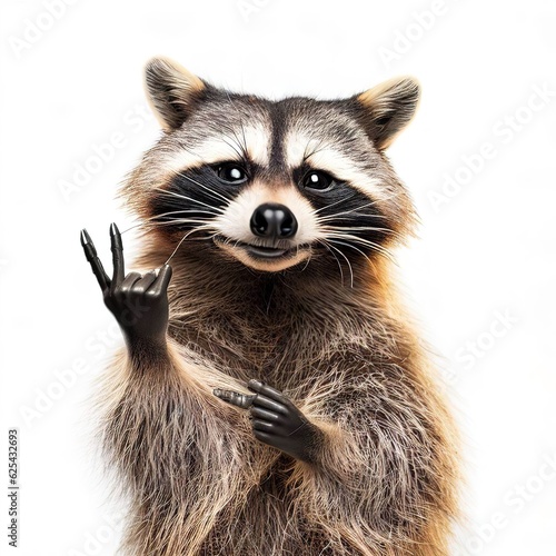 Portrait of a funny raccoon showing a rock gesture isolated on white background