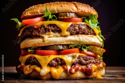 Tasty burger on dark background, AI Generative