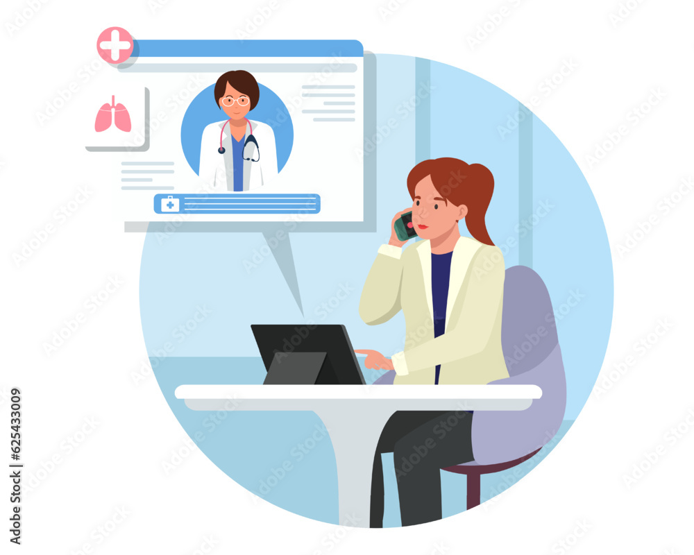 Business lady calling to doctor to make an appointment. Quick and easy way to receive medical advice and treatment from comfort of ones own home. Digital prescriptions and teletherapy. Flat vector Business lady calling to doctor to make an appointment. Quick and easy way to receive medical advice and treatment from comfort of ones own home. Digital prescriptions and teletherapy. Flat vector