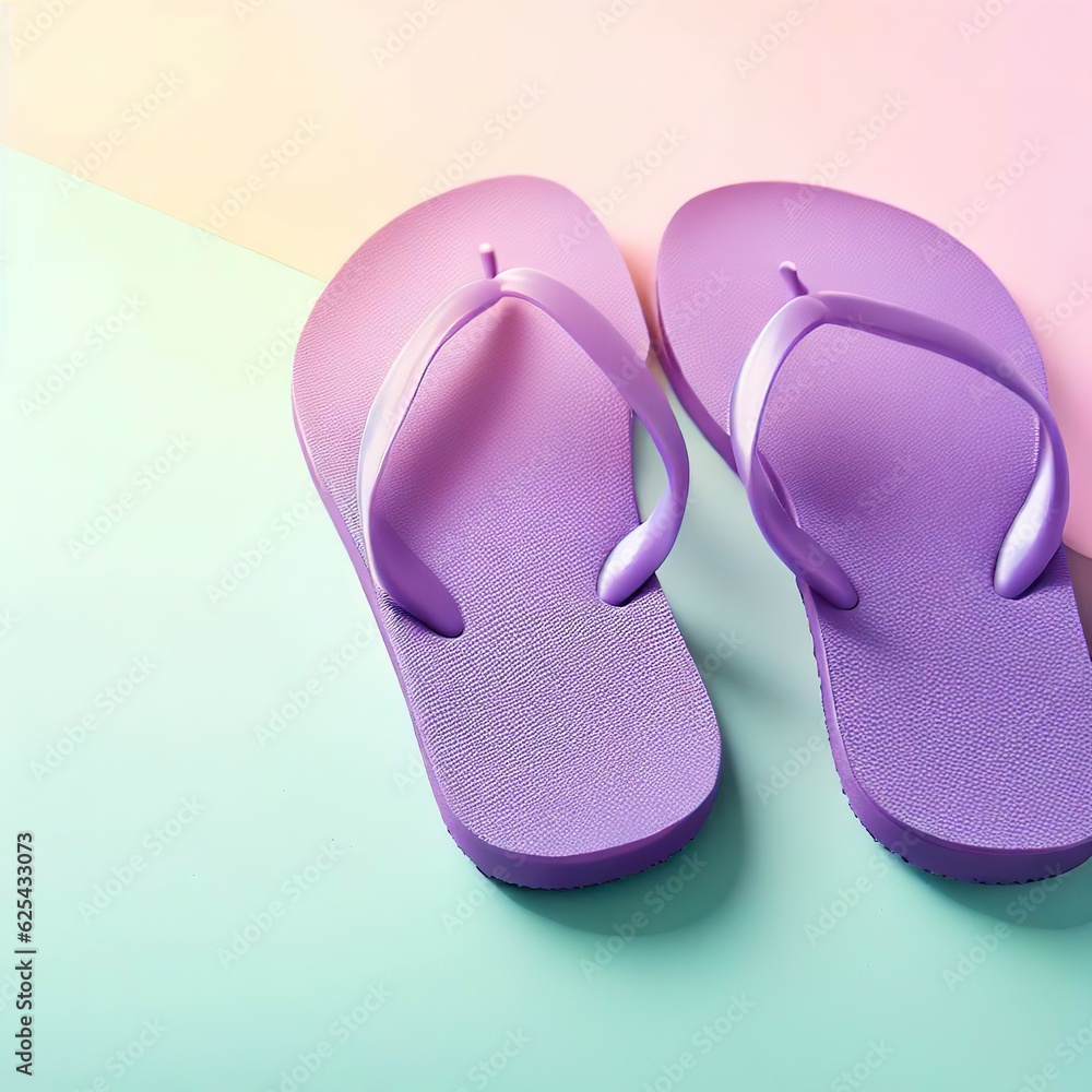 vacation and summer image with purple flipflops over pastel background vacation and summer image with purple flipflops over pastel background