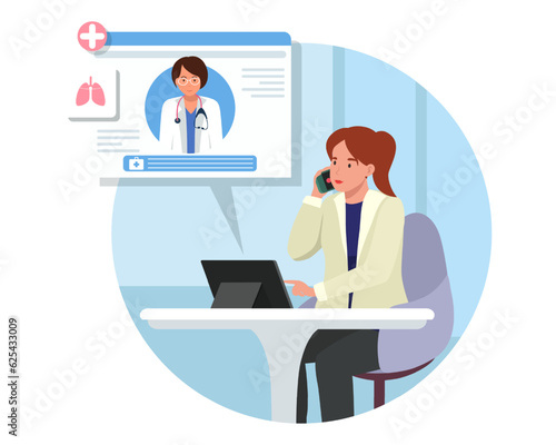 Business lady calling to doctor to make an appointment. Quick and easy way to receive medical advice and treatment from comfort of ones own home. Digital prescriptions and teletherapy. Flat vector