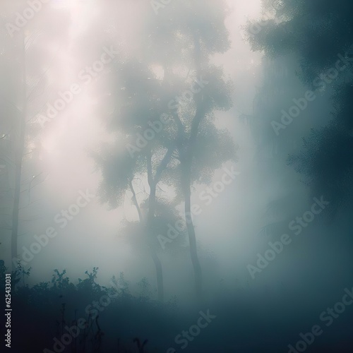 Trees in the fog. The smoke in the forest in the morning. A misty morning among the trees.