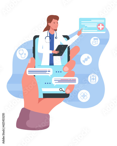 Human holding smartphone and selecting specialist online. Online medical consultation concept. Digital prescriptions and teletherapy. Flat vector illustration in cartoon style