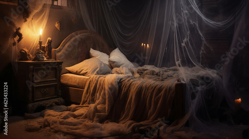 Bedroom is decorated in Halloween style. © Konstantin Yuganov