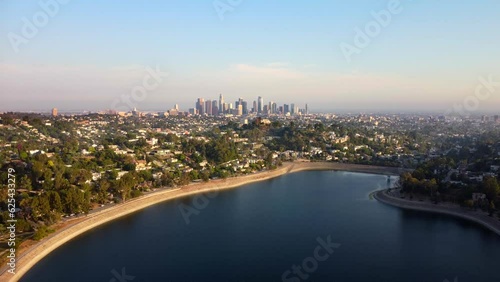 Wallpaper Mural Drone shot Silver Lake reservoir and downtown Los Angeles in distance Torontodigital.ca