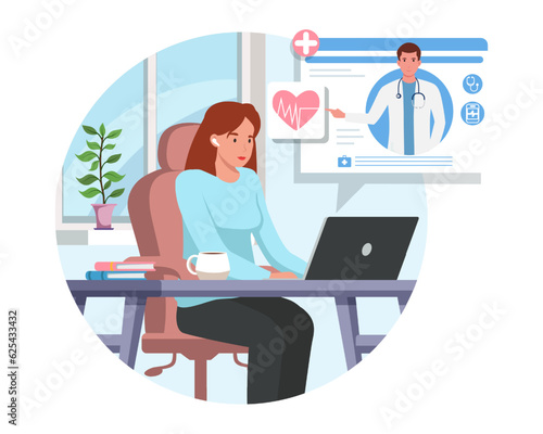 Female looking at laptop and choosing doctor. Quick and easy way to receive medical advice and treatment from comfort of ones own home. Digital prescriptions and teletherapy. Flat vector