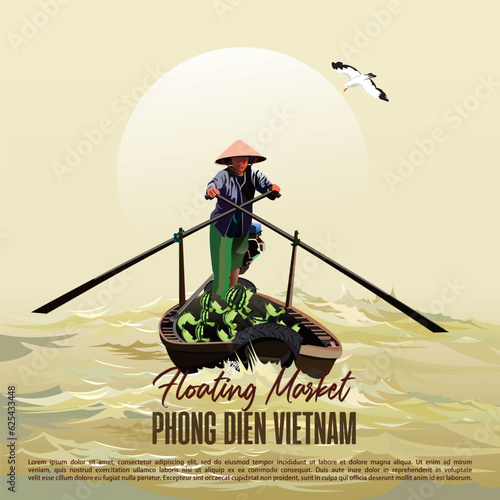 Vector illustration of floating market panorama in Asian.