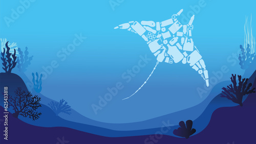 Ocean plastic pollution and world ocean day with sea animal page template icon vector illustration