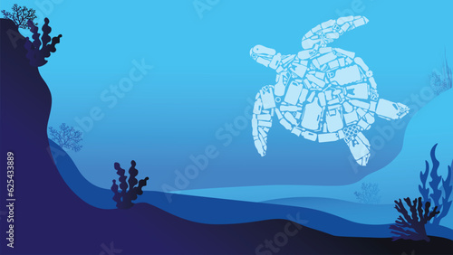 Ocean plastic pollution and world ocean day with sea animal page template icon vector illustration