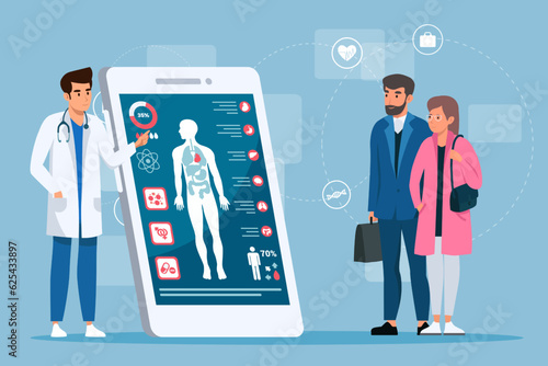 Couple standing near smartphone and looking at virtual doctor. Healthcare needs of all age groups. Digital prescriptions and teletherapy. Online medical advice, consultation service. Flat vector