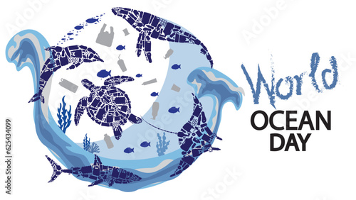 Ocean plastic pollution and world ocean day with sea animal page template icon vector illustration