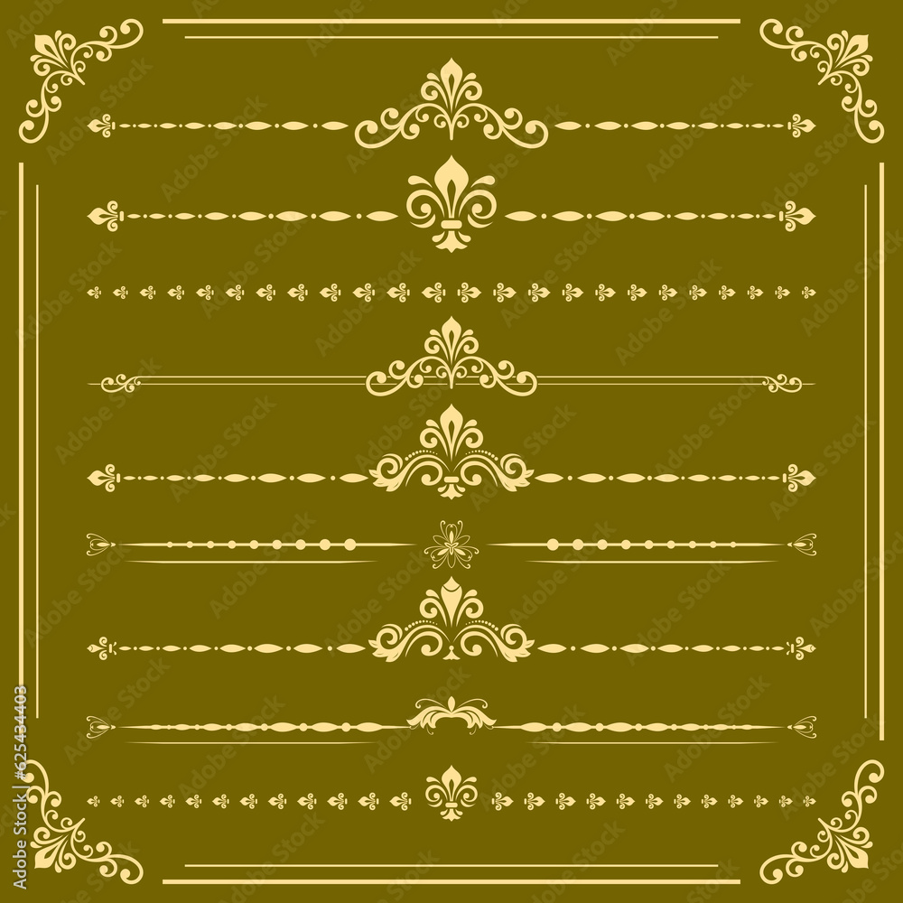 Vintage set of golden elements. Horizontal separators in the frame. Collection of different ornaments. Classic golden patterns. Set of vintage patterns