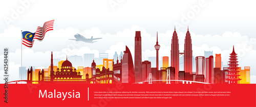 Vector design Ilustration of city of Malaysia landmark, Kuala Lumpur and flag. Malaysia Travel concept.