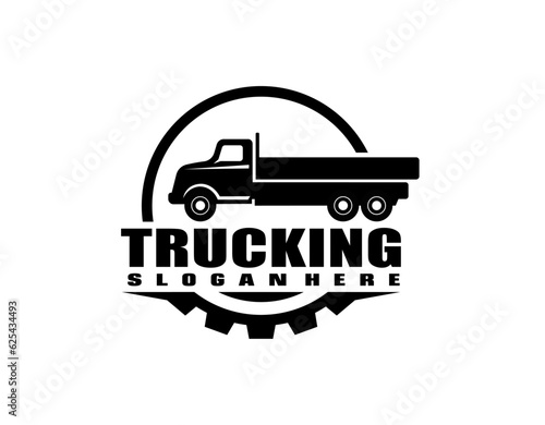 Trucking company emblem logo ready made logo template. Semi truck 18 wheeler freight badge logo vector isolated. Perfect logo for trucking and freight industry