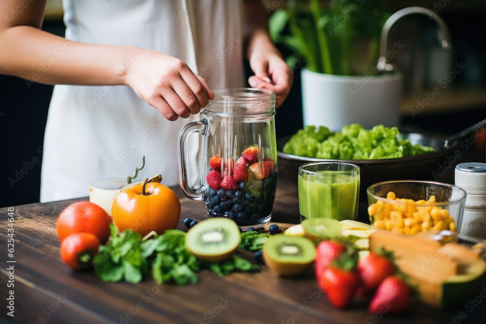 A person preparing a homemade smoothie with fresh fruits and vegetables. A person preparing a homemade smoothie with fresh fruits and vegetables.