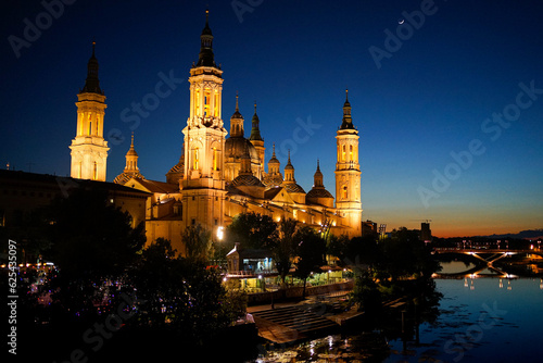 Basilica del Pilar and night in Zaragoza photo