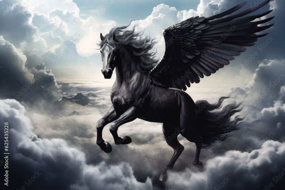 Majestic black Pegasus horse flying high above the clouds. Generative AI