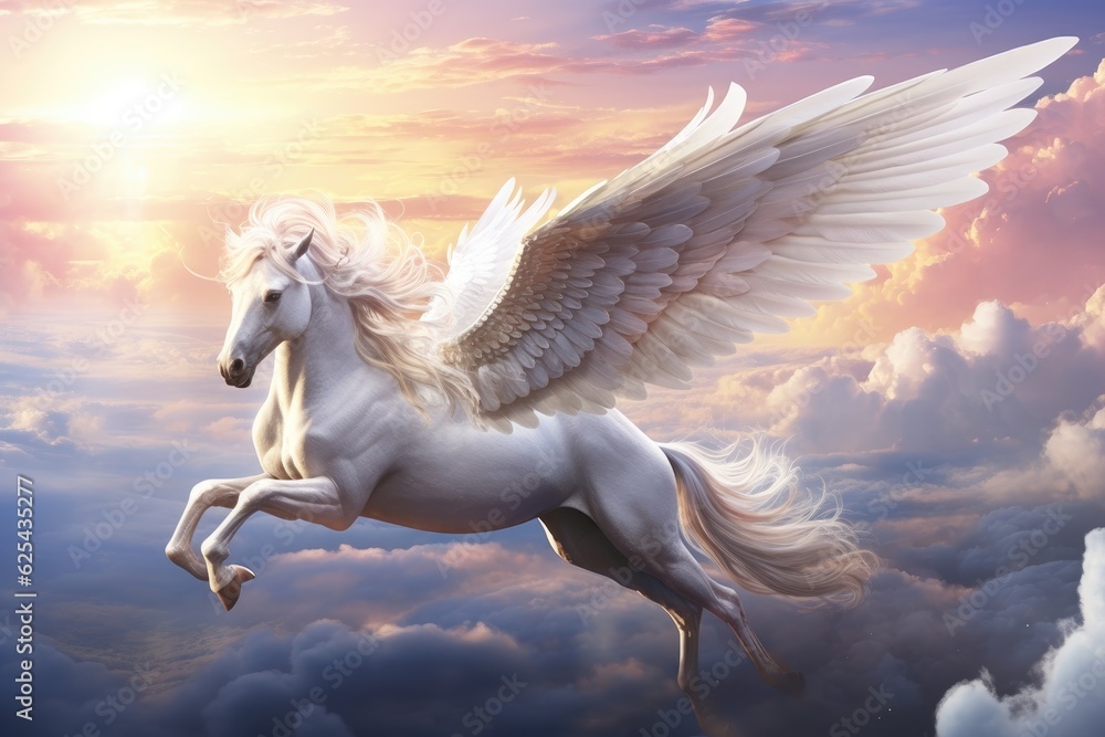 Majestic white horse with wings flying in the sky. Generative AI Majestic white horse with wings flying in the sky. Generative AI