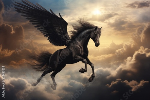 Majestic Black Pegasus horse flying high above the clouds. Generative AI