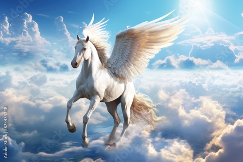 Majestic white Pegasus horse flying high above the clouds. Generative AI