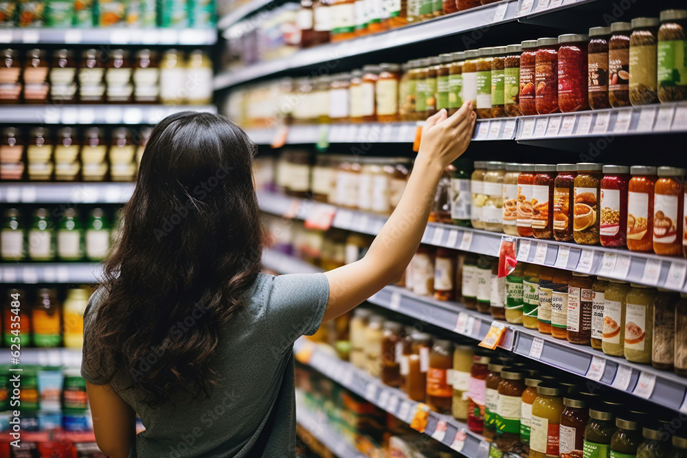 A person reading food labels and choosing products with healthier ingredients. 