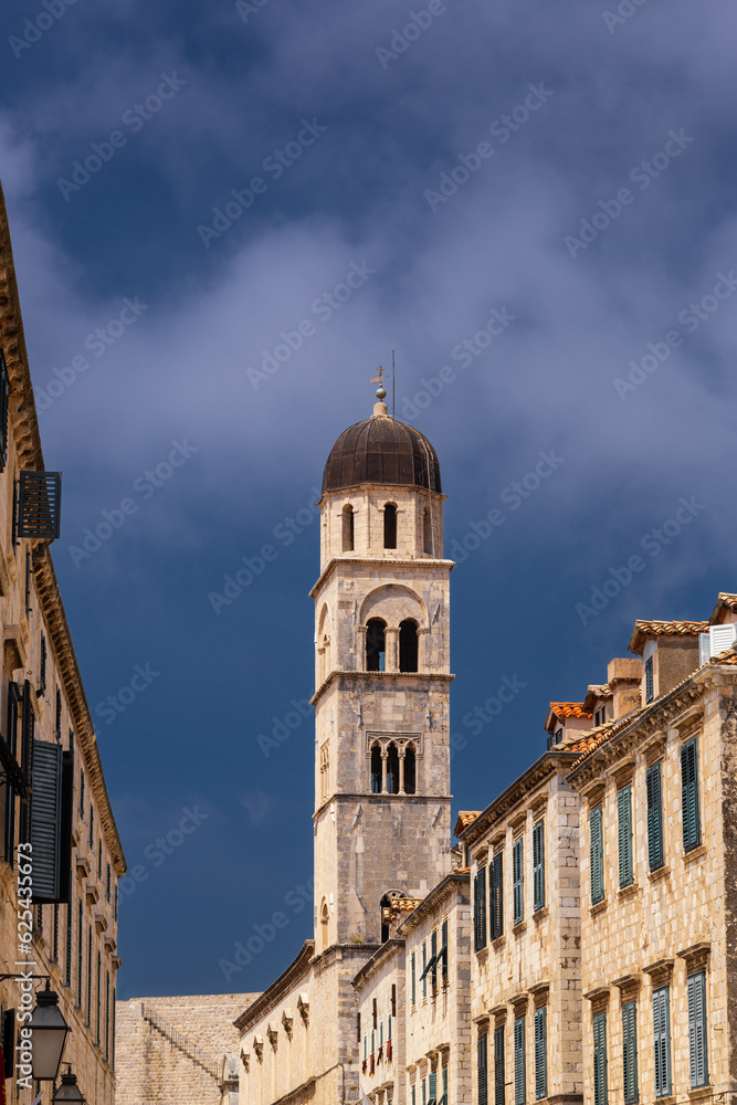 Bell Tower on old church in the old town of Dubrovnik, Croatia.