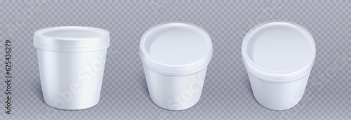 Ice cream package, white plastic container. 3d mockup of blank bucket with lid for yogurt, dairy products, butter or gelato. Round food jar with cap in front and top view, vector realistic set