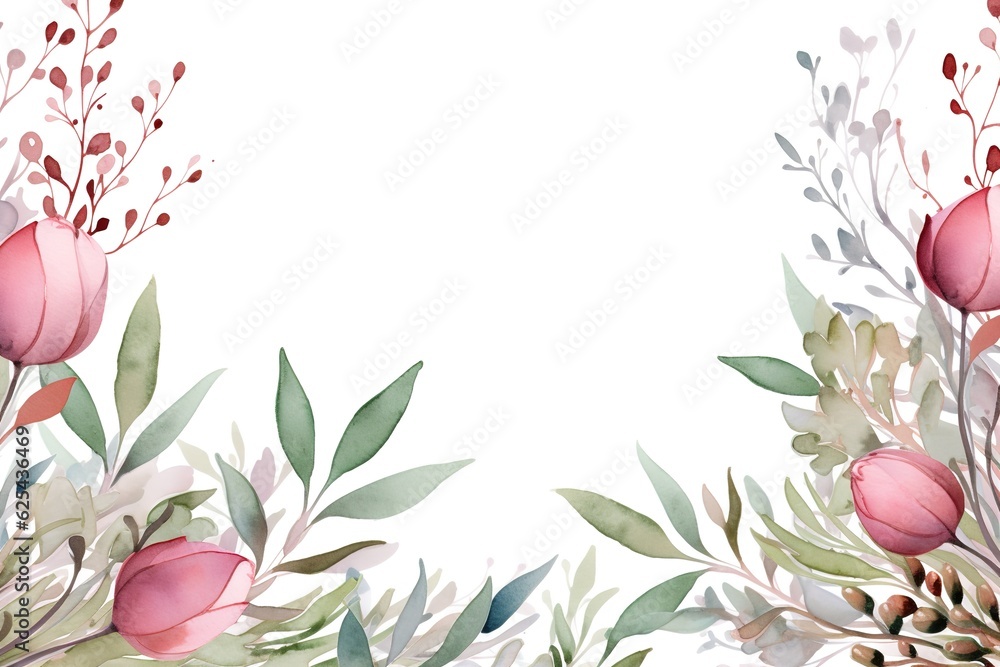 Watercolor floral frame border with leaves and roses