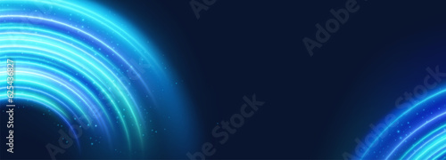 Blue planet ring neon light effect with circle line sparkle. Digital energy twirl with magic flare expansion. Space curve orbit vector illustration. Abstract galaxy element circular disk shape frame