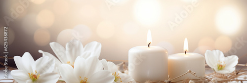 Closeup of beautiful easter decoration with white flowers and burning easter egg candle on abstract blurred background, generative AI tecnology
