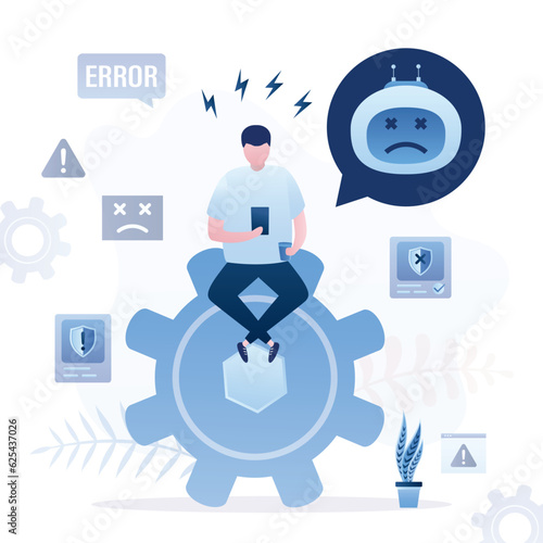 Sad customer sitting on giant gear and chatting with stupid chat bot in help line chat. Artificial intelligence doing mistakes, error in bot answers, program failure