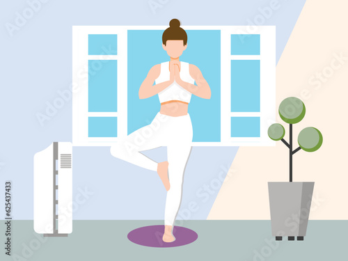 Yoga body posture. Woman practicing yoga in living room. vector illustration design