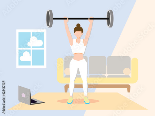 Weight training body posture. Woman practicing weight training in living room. vector illustration design